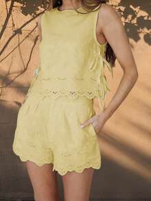 Embroidery Set For Women Summer Sleeveless Round Neck Tie Up Tank Tops Side Zipper Shorts 2 Piece Outfit - 黃色 - 查看 3