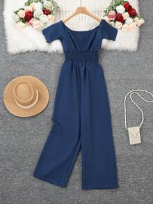 Women's Off Shoulder Jumpsuit With One-Piece Pants - Blue - View 3