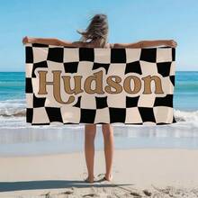 1pc Customized Name Beach Towel, Personalized Plaid Beach Towel, Personalized Text Beach Towel, Soft Quick-Dry Pool Towel, Checkered Towel, Beach Towel, Boys' Towel, Traveler Holiday Gift, Teen Pool Towel, Back To School Gift, Holiday Gift - one-size - View 3