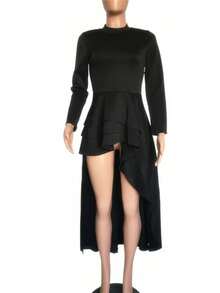 Casual Solid Ruffles Hem Asymmetrical Shirt Dress Long Sleeve T Shirt Blouse Long Tunic Dresses Going Out Irregular Skirts Tops Fall Winter Clothes - 黑色 - 查看 4
