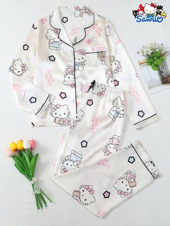 Sanrio 2pcs Set Women Spring/Summer Satin Sanrio Hello Kitty Collar Long Sleeve Button Pocket Top And Bow Long Pants Pajama Sets, Suitable For Homewear, Fall Winter Clothes