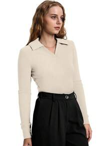 WIHOLL Womens Polo Shirts Long Sleeve Business Casual Tops Collared V Neck Ribbed Knit Sweater Slim Fit Blouses Halloween Christmas New Year - 杏色 - 查看 3