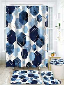 1/3/4 Pieces Blue Shower Curtain Set Bathroom Set Modern Art Geometric Navy Blue Bathroom Curtain Set With 12 Hooks Bathroom Carpet Bathroom Carpet And Toilet Mat Summer Bathroom Decor Bathroom Accessories