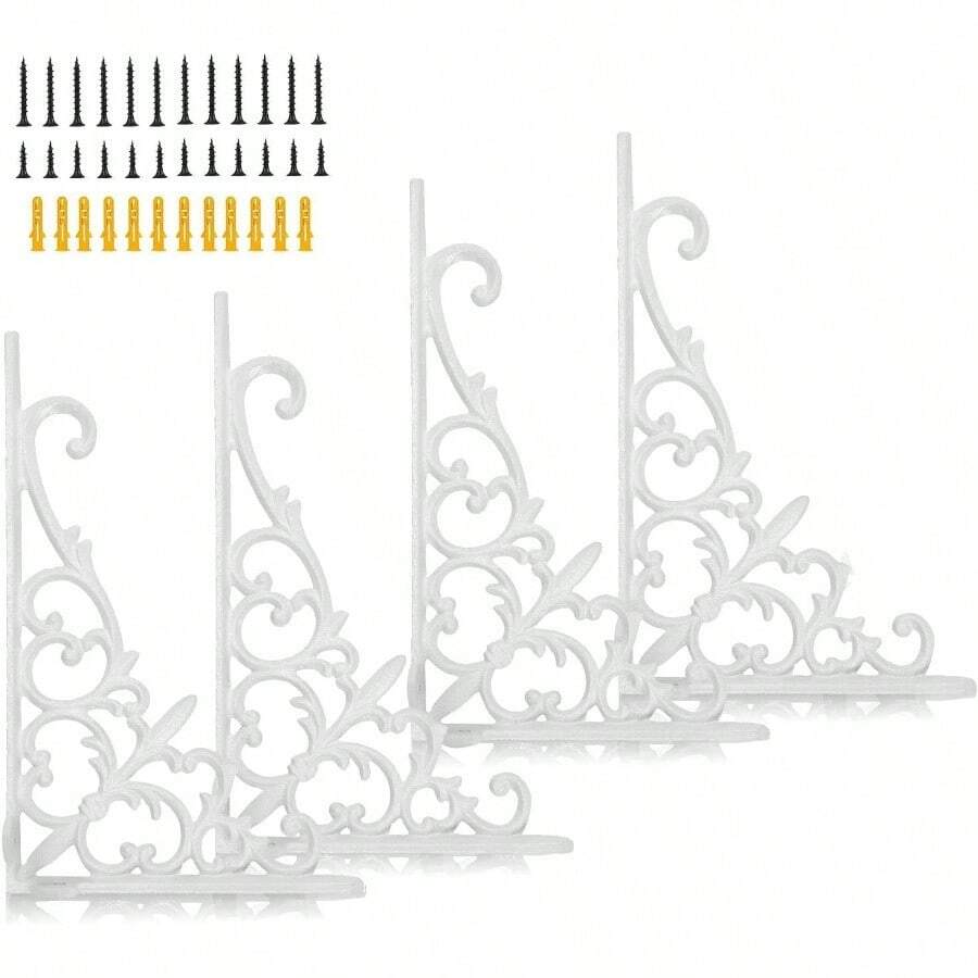 Z Metnal Decorative Shelf Brackets White Cast Wrought Iron Metal Mailbox Bracket 90° Right Angle Victorian Brackets Wall Decor Modern Shelving Bracket For DIY Floating Shelves 4 Pcs - White - View 1