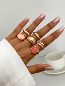 Set de 7 anillos de joyería vintage de lujo con incrustaciones de gemas de vidrio, estilo bohemio minimalista con anillos gruesos, para uso diario, decoración de vacaciones, regalo para amigos - Amarillo Oro - Ver 12