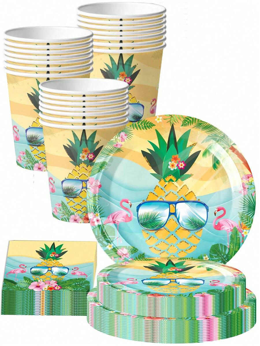 10pcs Hawaiian Pineapple Flamingo Tropical Theme Disposable Tableware Set - Includes 9/7 Inch Plates, 9oz Cups And Napkins, Suitable For Birthday, Beach Party, Picnic And BBQ Decor - Multicolor - View 1