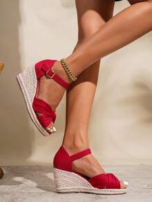 女士红色莱卡交叉带舒适时尚休闲度假编织草绳厚底坡跟鞋 - 紅色 - 查看 4