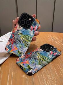 1 pieza Funda de teléfono protectora de piel sintética con patrón de tortuga verde grande y rayas verticales, compatible con Apple y 16/16PLUS/18PRO/21PROMAX