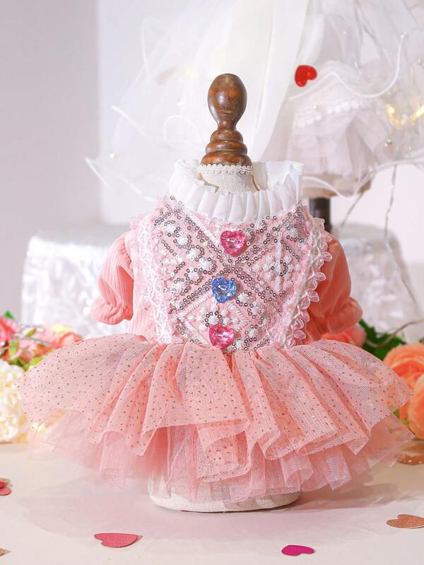 1pc Pet Clothes, Dog/Cat Fashion Outfit For Small Pets, Stylish Happy Puppy Casual & Cute Romantic Wedding Dress Series With Heart & Sequin Decor