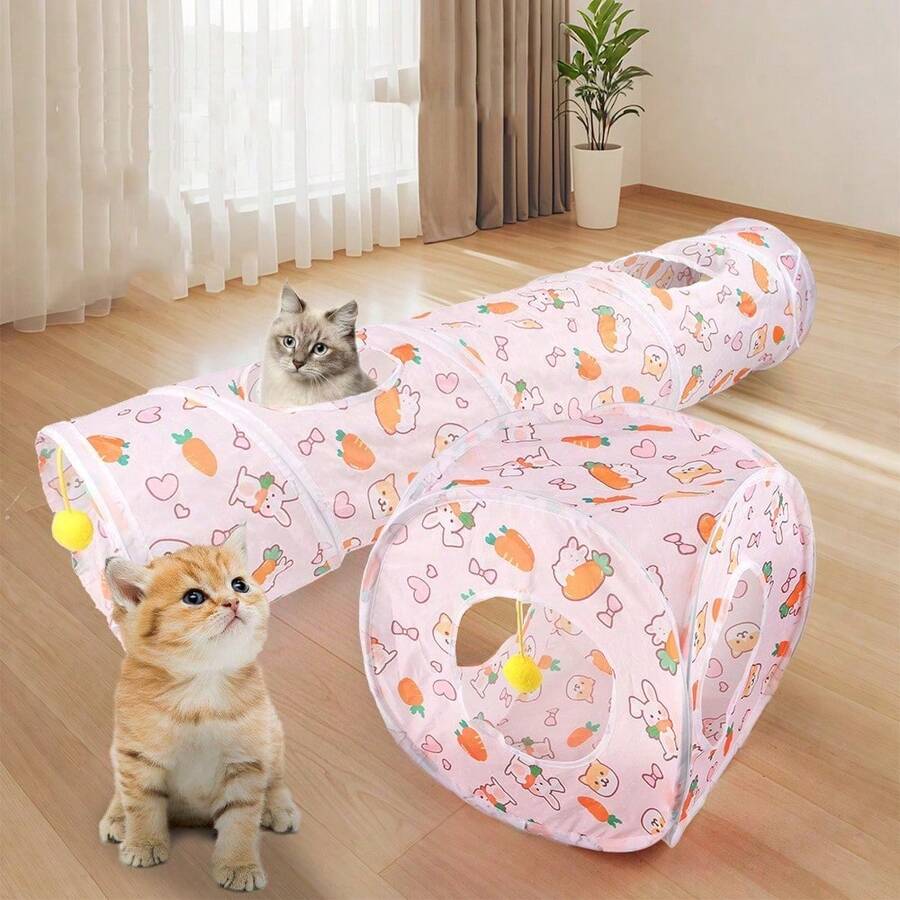 1 件猫隧道多种款式胡萝卜印花可折叠宠物猫隧道藏身帐篷适用于兔子豚鼠通道室内玩耍睡眠休息小猫小狗互动玩具拼图锻炼隐藏训练用品 - 彩色 - 查看 1