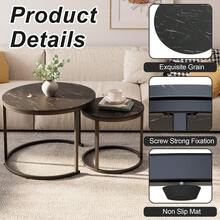 Nesting Coffee Table Side Set Of 2 End Tables For Living Room Bedroom Balcony,Black Faux Marble Wooden Table 23.6IN Accent Large Coffee Table With Steel Frame - Black - View 5
