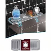 Local Shipping-5°Slope Kitchen Sink Splash Guard-Gray Silicone Faucet Mat Handle Drip Catcher Tray Behind Faucet With Soap Dispenser Hole-1pc Water Clear Gadgets For Sink Accessories 5 By 24inch Long Organizer - Gray - 查看 1