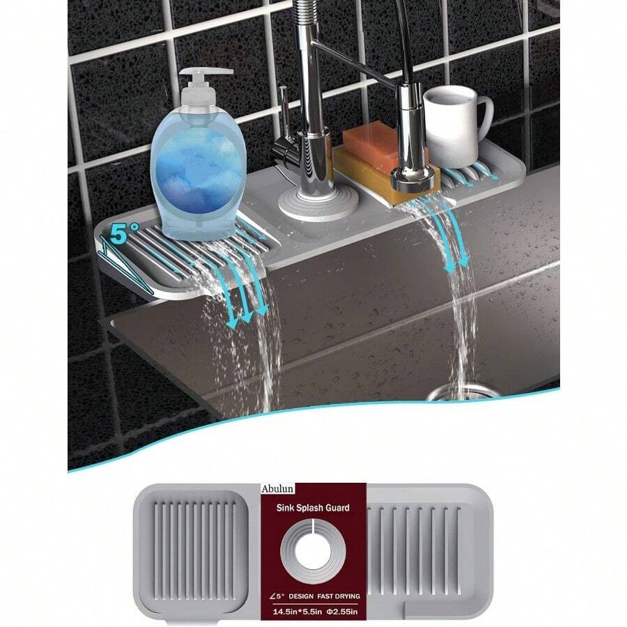 Local Shipping-5°Slope Kitchen Sink Splash Guard-Gray Silicone Faucet Mat Handle Drip Catcher Tray Behind Faucet With Soap Dispenser Hole-1pc Water Clear Gadgets For Sink Accessories 5 By 24inch Long Organizer - Gray - 查看 1