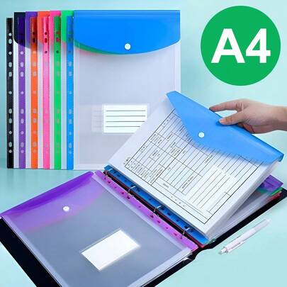6pcs Random Color A4 Binder Folders With 11-Hole Rings, Thick And Large Capacity A4 Document Bag With Snap Closure, Waterproof File Organizer Bag For School, Home, Office, Work