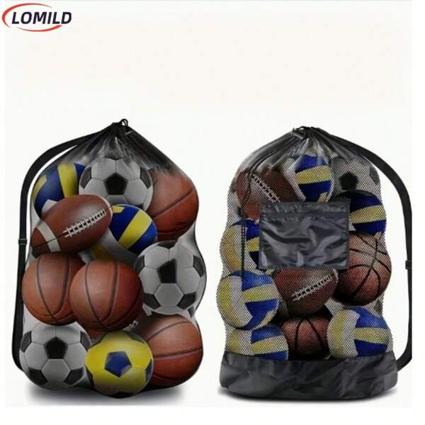 LOMILD - 1 Stück Großer Fußball Basketball Kordelzugbeutel, Großer Netzrucksack mit Schultergurt, Tennisball Volleyball Mesh Aufbewahrungstasche, Sportzubehör Organizer Tasche, Leicht zu tragender Fußballsack