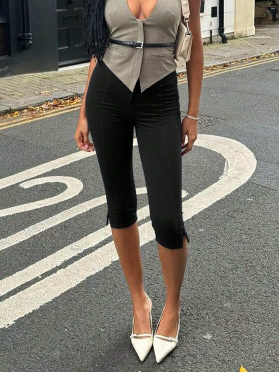 Women's Casual Elegant Versatile Commuting Black Slim-Fit 3/4 Pants, Suitable For Music Festivals, Concerts, Parties, Casual Daily Wear, Young Girls, Spring/Summer - Black - View 1