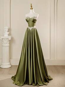 圣诞魅力缎面复古束腰A字长裙，别致伴娘礼服，姐妹晚礼服，派对礼服 - 綠色 - 查看 6