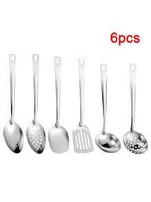 6 pièces Set d'ustensiles de cuisine en acier inoxydable, comprenant une cuillère, une cuillère à fentes, une spatule à fentes, une louche, une spatule, une louche à soupe ; en alliage chrome, convient pour la décoration de mariage, la décoration d'Halloween, les fournitures scolaires, les enterrements de vie de garçon, les ustensiles de cuisine, les accessoires de cuisine, les articles de fête, le set de voyage, les cadeaux, les fêtes d'anniversaire, la remise des diplômes, le set d'outils de cuisine