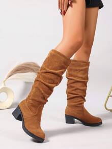 新款女式棕色时尚靴子，粗跟厚底圆头褶皱设计中筒靴，秋冬，及膝靴 - 棕色 - 查看 5