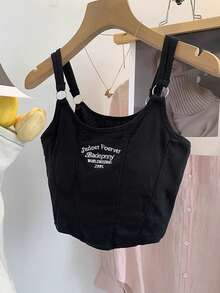 女士性感无袖刺绣露脐上衣，修身剪裁，甜美风格，适合夏季街头休闲穿着，黑色 - 黑色 - 查看 9
