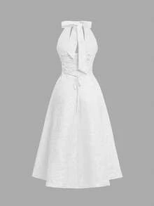 Unadoll 女士性感露背吊带连衣裙，3D提花面料，优雅款式，适合晚宴、约会、学校开学典礼、鸡尾酒会、婚礼、圣诞节、感恩节等场合，白色夏季款 - 白色 - 查看 5