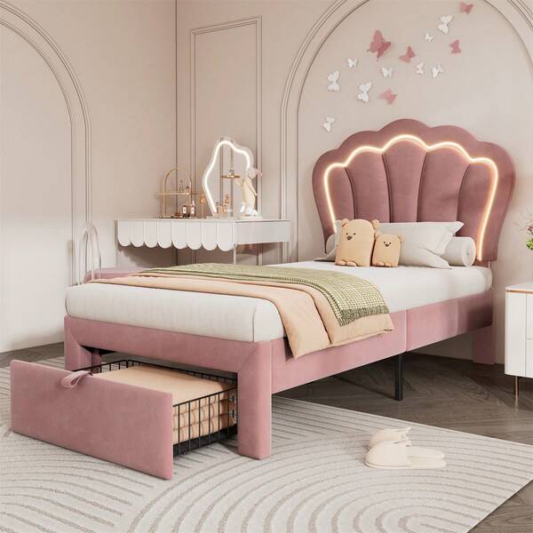 Sairedel Cama infantil LED cama de solteiro 90 x 190 cm com gavetas Cama estofada APP-Control LED estrutura de cama e cabeceira ajustável, estrutura de cama cama juvenil veludo rosa (sem colchão)