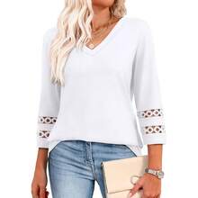 XIEERDUO 3/4 Length Sleeve Womens Tops Dressy Casual Blouses For Women 2025  V Neck T Shirts Summer Clothes - 一個白色 - 查看 1
