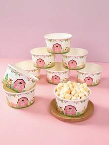 10pcs 8oz Pink Farm Animal Pattern Disposable Paper Bowls, Ice Cream Cups, Popcorn Boxes, Food Containers, Suitable For Home Kitchen, Restaurant Takeout, Picnic Party, Kitchen Supplies, Food Packaging, Farm Animal Theme Birthday Party Tableware, Food Delivery And Daily Use, Food Trays, Disposable Tableware - Pink House Farm Animals - View 5