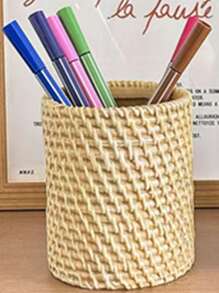 Portapenne da scrivania multifunzionale realizzato a mano in vimini, contenitore di stoccaggio per articoli di cancelleria e pennelli da trucco, cilindrico (escluse le matite), materiale scolastico, back to school