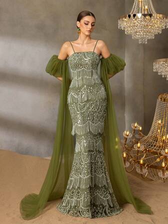 Faeriesty Luxurious Beaded Sequin Spaghetti Strap Evening Gown With Beaded Fringe & Sheer Tulle Cape, Adjustable Cross-Back Straps For Formal Galas, Luxury Parties & Met Gala Glamour