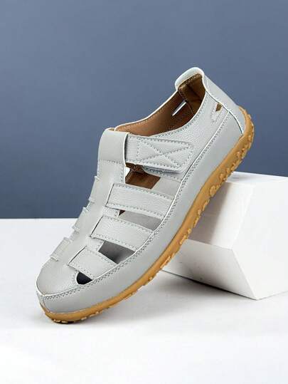 Salkin Retro Summer Women Sandals, Solid Color Simple Open Toe Hook And Loop Casual Flat Sandals With Outdoor Comfort, Affordable High-End Feel Leather Ballet Shoes, Back To School Slip-Resistant Durable Leisure Outdoor Walking Shoes, Suitable For Jeans, Skirts, Vacation Style, Size Runs Small, Recommend Ordering One Size Up
