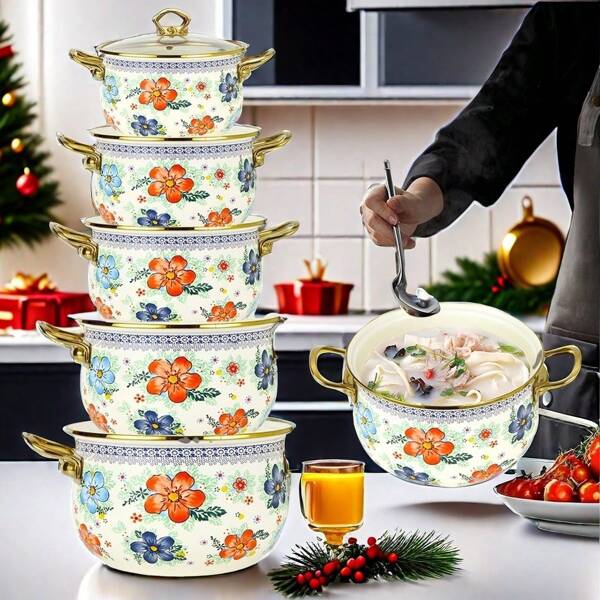 1pc Premium Thick Double-Ear Enamel Multi-Function Pot For Soup, Stewing, Serving On Dining Table, With Transparent Lid, Suitable For Gas & Induction Cooktop, Kitchen Cookware For Indoor & Outdoor Use