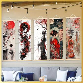Japanese Style Art Deco Hanging Scroll Canvas Painting- Kimono Woman Theme, Ink Art Portrait Poster For Home & Bedroom Wall Decor