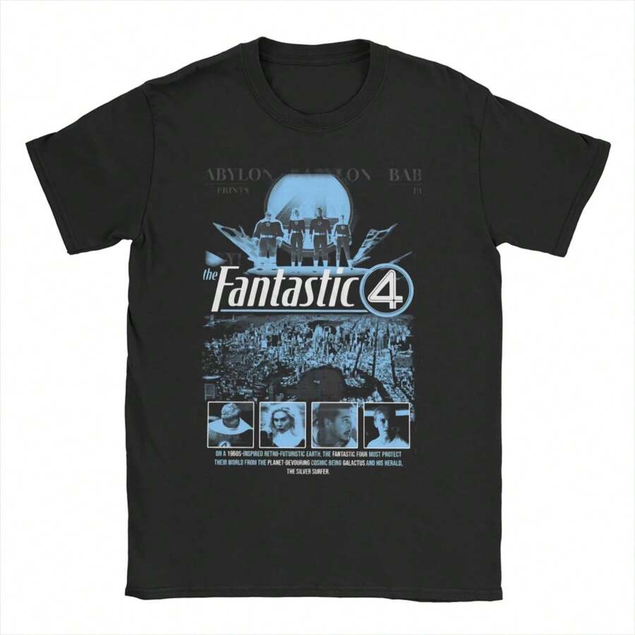 Men Women Graphic Printed The Fantastic Four First Steps Tee T Shirt Pure Cotton 2025 Movie T-Shirts Clothing - 黑色 - 查看 1