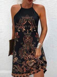 Autumn And Summer Popular New Hot Style Fashion Casual Vacation Style Light And Elegant Ladies All-Match Slim Out Home Travel Work Summer Fall Clothes For Women Preferred Autumn And Summer Women's Vacation Style Women's Retro Printed Casual Neck Hanging Dress ﻿