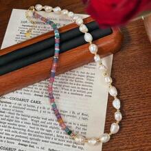Boho Vacation Style Natural Cultured Baroque Pearl & Colorful Disc Beads Necklace, Suitable For Daily Wear For Women