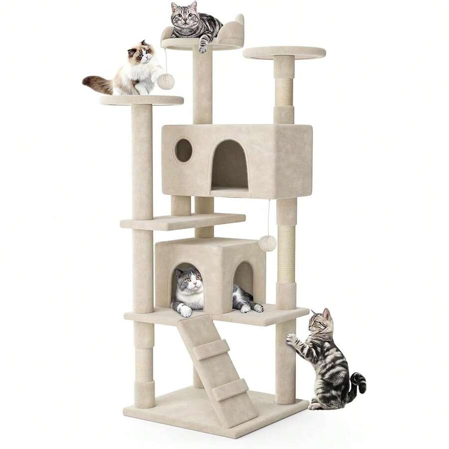 Nuevo Árbol para Gatos, Torre para Gatos de 70 Pulgadas con 2 Condominios, Torre Elevada para Gatos con Poste rascador, Árbol de Escalada para Gatos de Interior, Bei - Beige 70 pulgadas - Ver 1