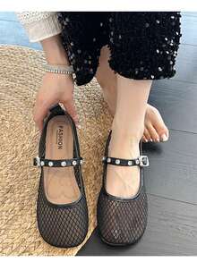 2025 Summer New Round Toe Niche Fishnet Hollow Ballet Flats For Women, Leather Buckle Mary Jane Shoes, Solid Color Punk Cute Buckle Ladies Fashion Flat Shoes For Holiday, Wedding, Party, Office, Indoor & Outdoor, Spring & Autumn
