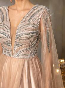 Faeriesty Faeriesty Luxurious Beaded Sequin Evening Gown – Plunging V-Neck With Bold Crystal Beading & Sheer Tulle Cape, Fluid A-Line Silhouette For Red Carpet Galas, Prom & Black Tie Affairs