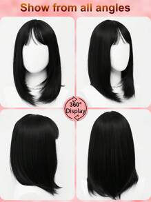 XYUNMI Sweet Black Long Straight Hair With Bangs 16 Inch Lightweight Breathable Women's Heat Resistant Synthetic Wig Suitable For Daily Wear Party Role Playing Photoshoot Beautiful Natural Lively Cute Short Hair