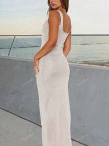 Yuwenier Elegant Sequin Embellished Seethrough Square Neck Sleeveless Knitted Bodycon Dress For Summer Beach Vacation Long Sundress For Women