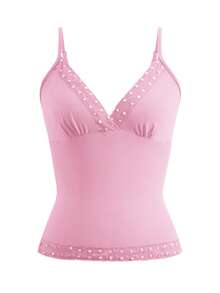 Y2K风格纯色深V领细肩带露背修身性感蕾丝吊带背心，街头风毕业季上衣，适合夏季海滩、约会、音乐节、演唱会和7月4日庆祝活动。 - 粉色 - 查看 3