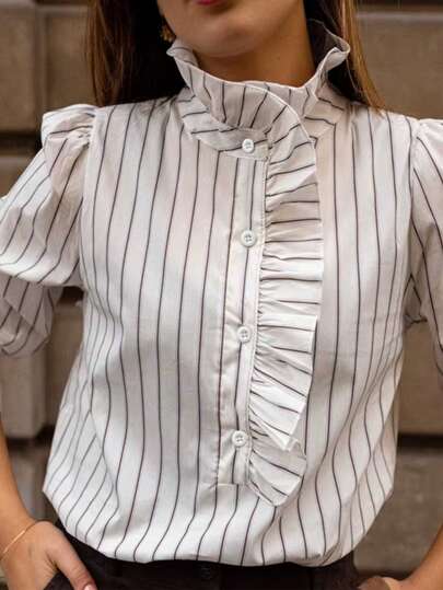 Blusa casual elegante de manga larga con botones, de material de poliéster, con rayas y volantes, versátil para la oficina