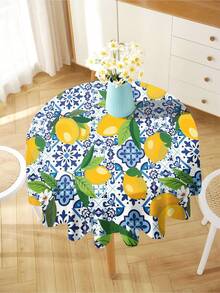 1 pieza Mantel rectangular/redondo moderno de poliéster a prueba de agua con estampado de limón y flores azules, apto para sala de estar, mesa de comedor al aire libre, mesa redonda pequeña, con impresión digital - Multicolor - Ver 11
