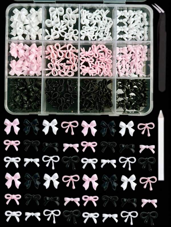 1 Box Of Random Mixed Resin Bow Nail Charms Cute Pink Ribbon Hollowed Out Small Bow Tie Nail Art Decorations Accessories Diy