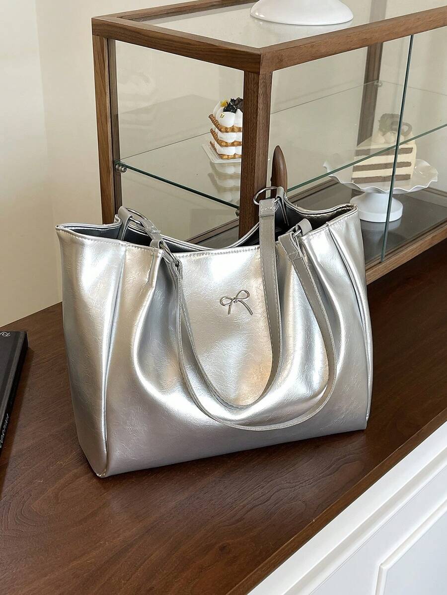 Large Capacity Casual Patchwork Tote Bag, Bow & Metal Decor, Adjustable Shoulder Strap, Versatile Commuting Handbag For Women - Silver - View 1