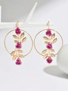 1 par de brincos elegantes da moda feminina, design circular de metal vazado com flor rosa e formato de folha dourada, adequados para uso diário e festivais, acessório sofisticado