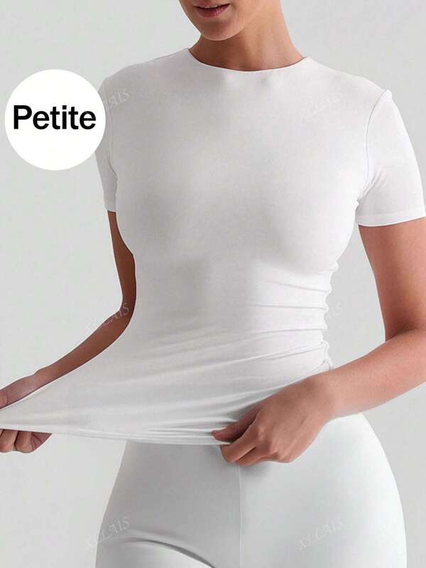 T-shirt casual da donna XLLAIS Petite, a maniche corte, collo rotondo, bianca, basic, a vestibilità aderente e sportiva