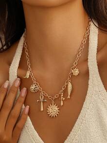 Ancient Symbol Pendant Necklace – Gold Chain With Sun, Ankh & Totem Charms, Boho Spiritual Jewelry For Festivals & Beach Style - Sun & Ankh Symbols - View 2