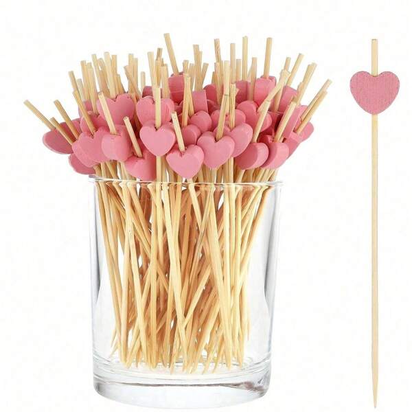 200/100/80/50/20/5pcs Pink Heart-Shaped Bamboo Skewers, Fruit Sticks, Appetizer Fruit Kabobs, Suitable For Valentine's Day, Birthday, Wedding, Home, Restaurant, Party, Picnic, Food Toothpicks, Appetizer Skewers, Fruit Sticks, Paper Cupcake, Sandwich, Cocktail Sticks, For Valentine's Day, Wedding, Party And More